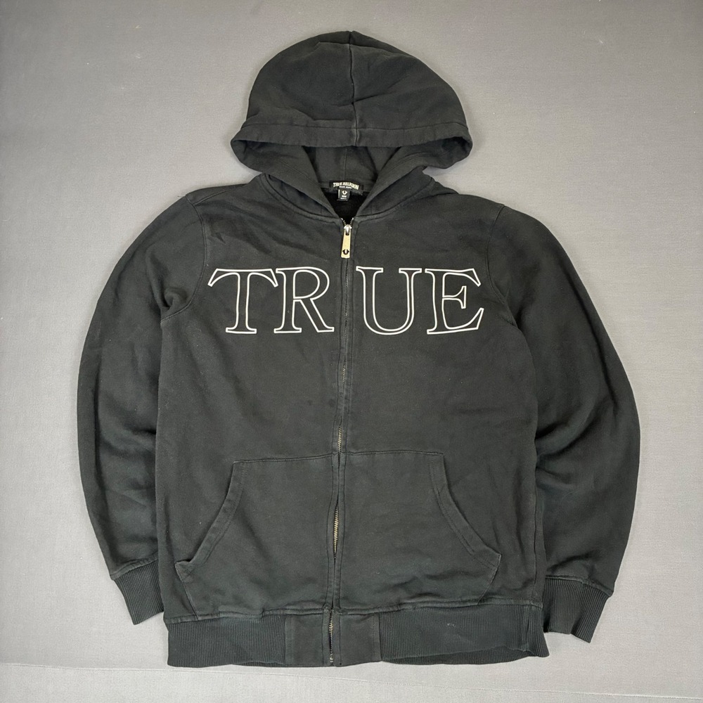 True Religion Men's Black Full Zip Spell Out Hoodie Size Medium